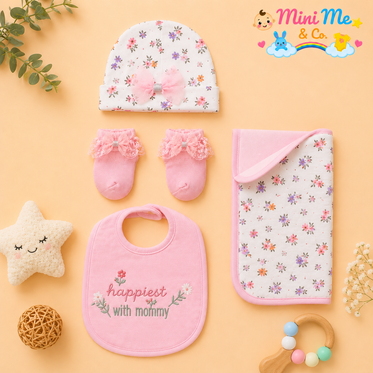 Gift set for girls ( cap, socks, bib, burp cloth)
