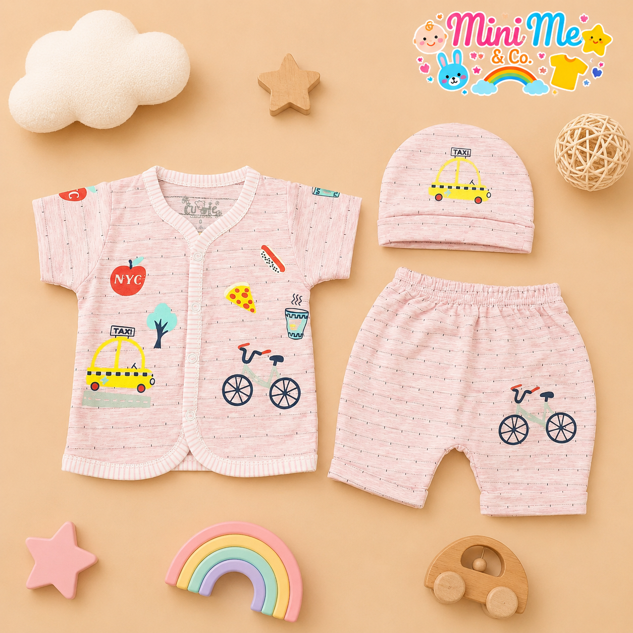 Pink Cars Baby Outfit with Cap