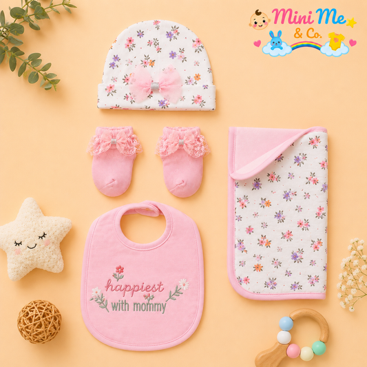 Gift set for girls ( cap, socks, bib, burp cloth)