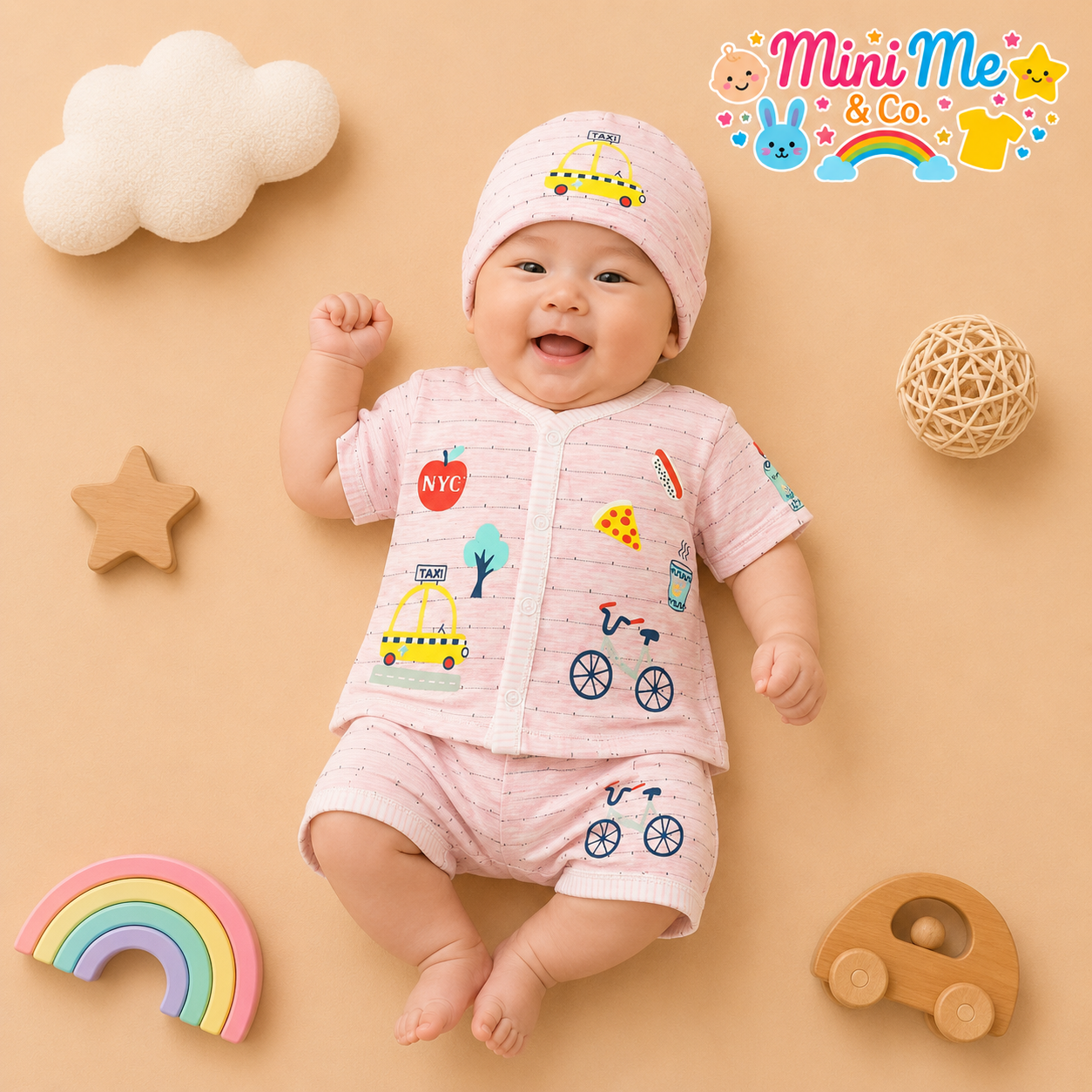 Pink Cars Baby Outfit with Cap