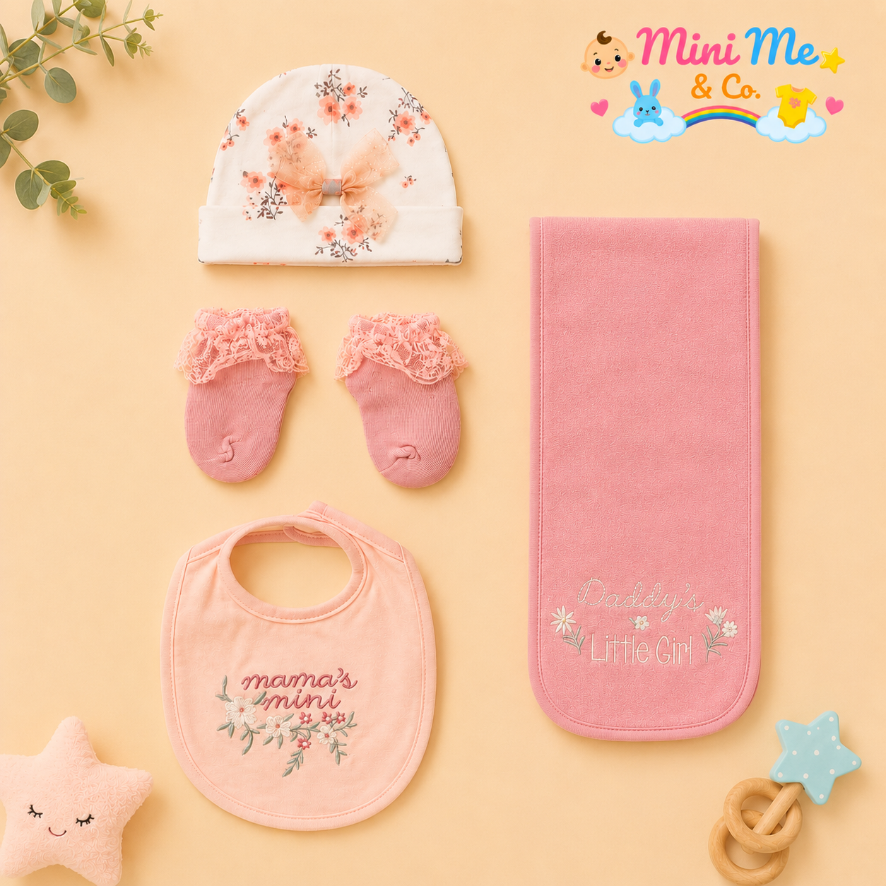 4-pc set for girls (cap, socks, bib, burp cloth)