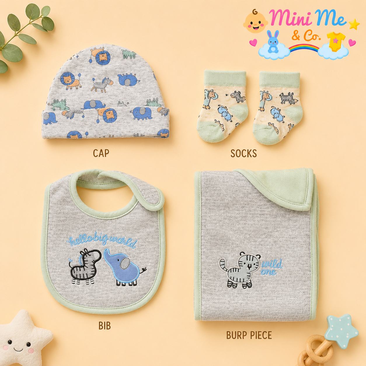 4-pc set for boys (cap, socks, bib, burp cloth)