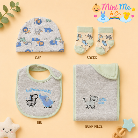4-pc set for boys (cap, socks, bib, burp cloth)
