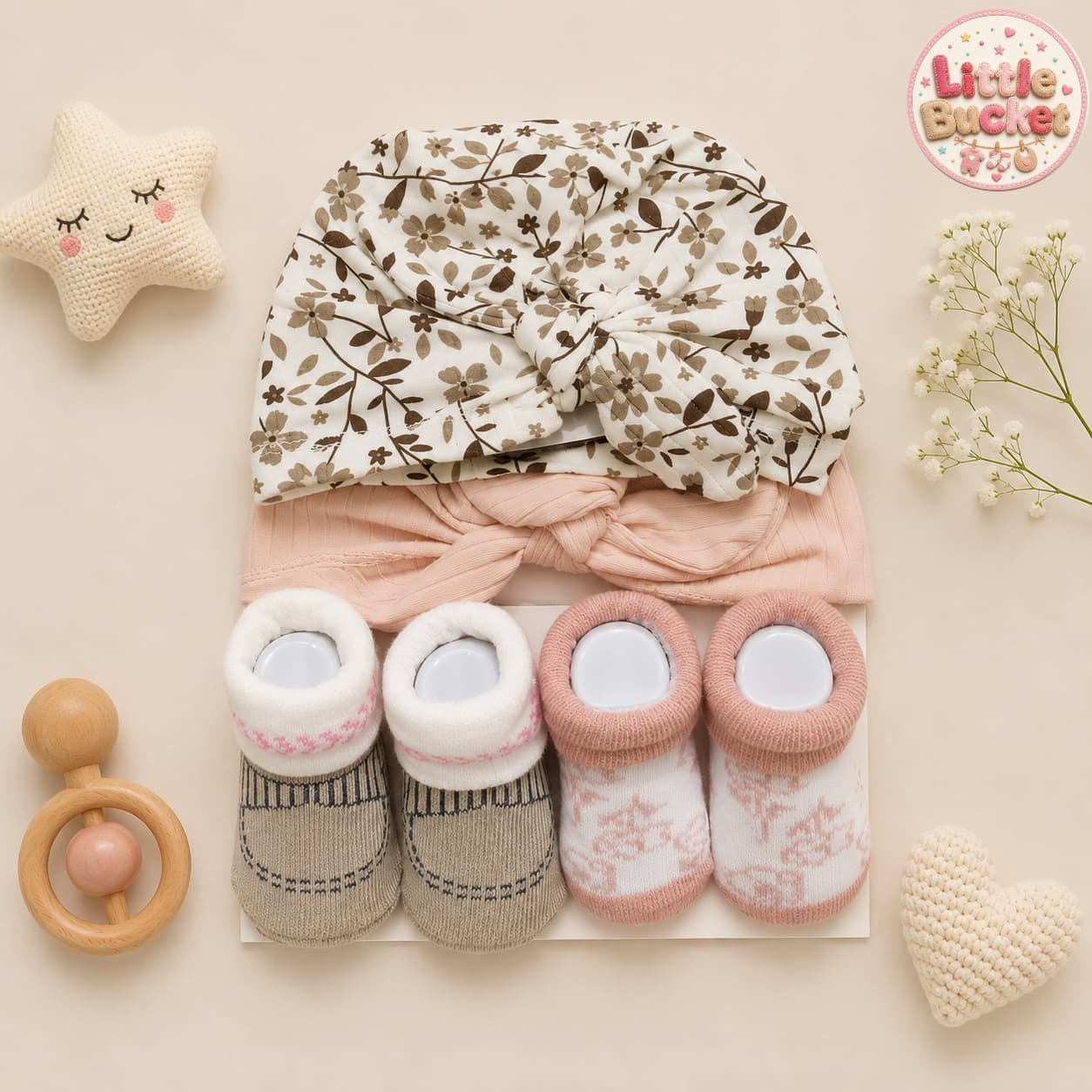 2 Turban Caps & 2 Booties Set